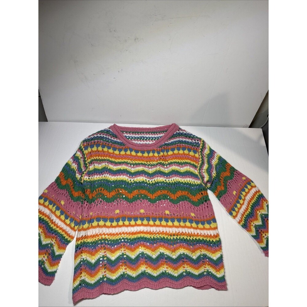 Women’s Multicolor Striped Open-Knit Crew Neck Pullover Sweater Acrylic L